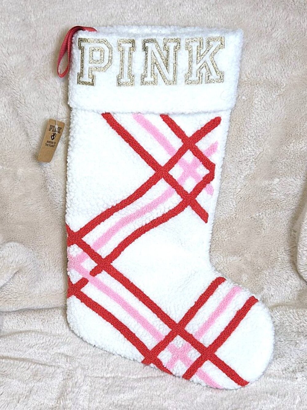 Victoria's Secret PINK Sherpa White/Pink/Red Gold Glitter Christmas Stocking NWT